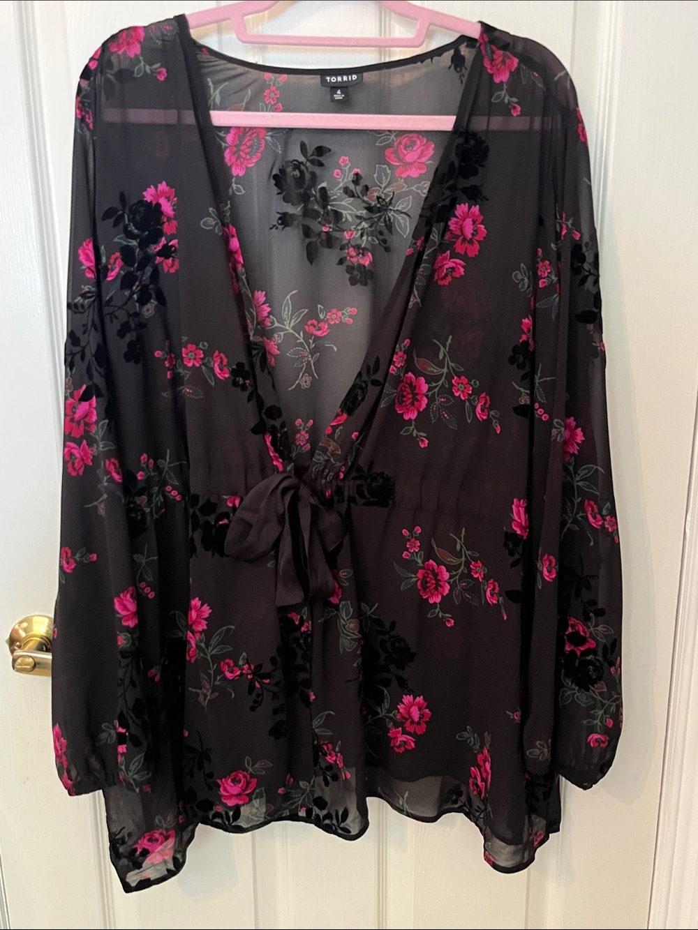 torrid Black Sheer Tie-Front Blouse with Hot Pink Floral Print